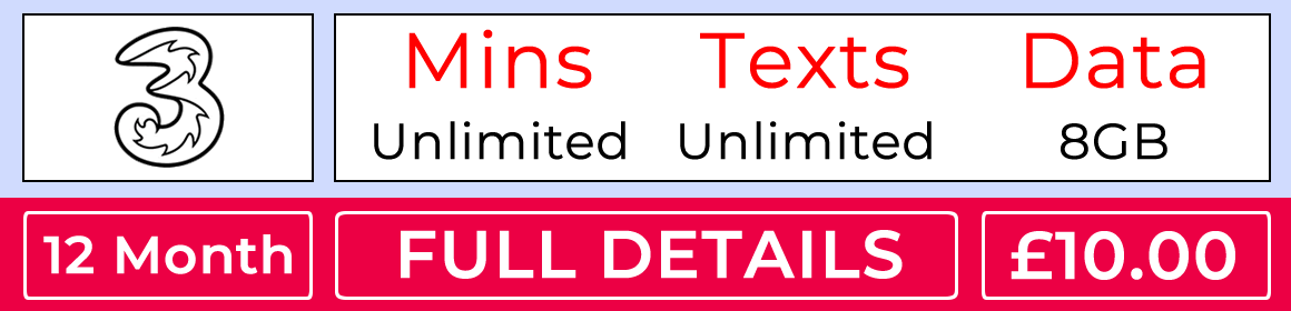 Three sim only with 8gb data, unlimited minutes and unlimited texts-offer